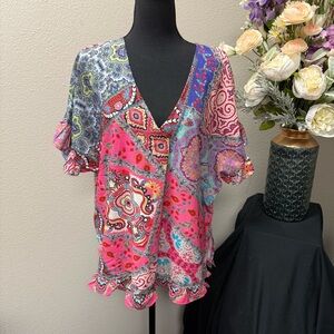 NWT Umgee USA Boho Patchwork Paisley Print V-Neck Ruffle Hem Blouse Top L